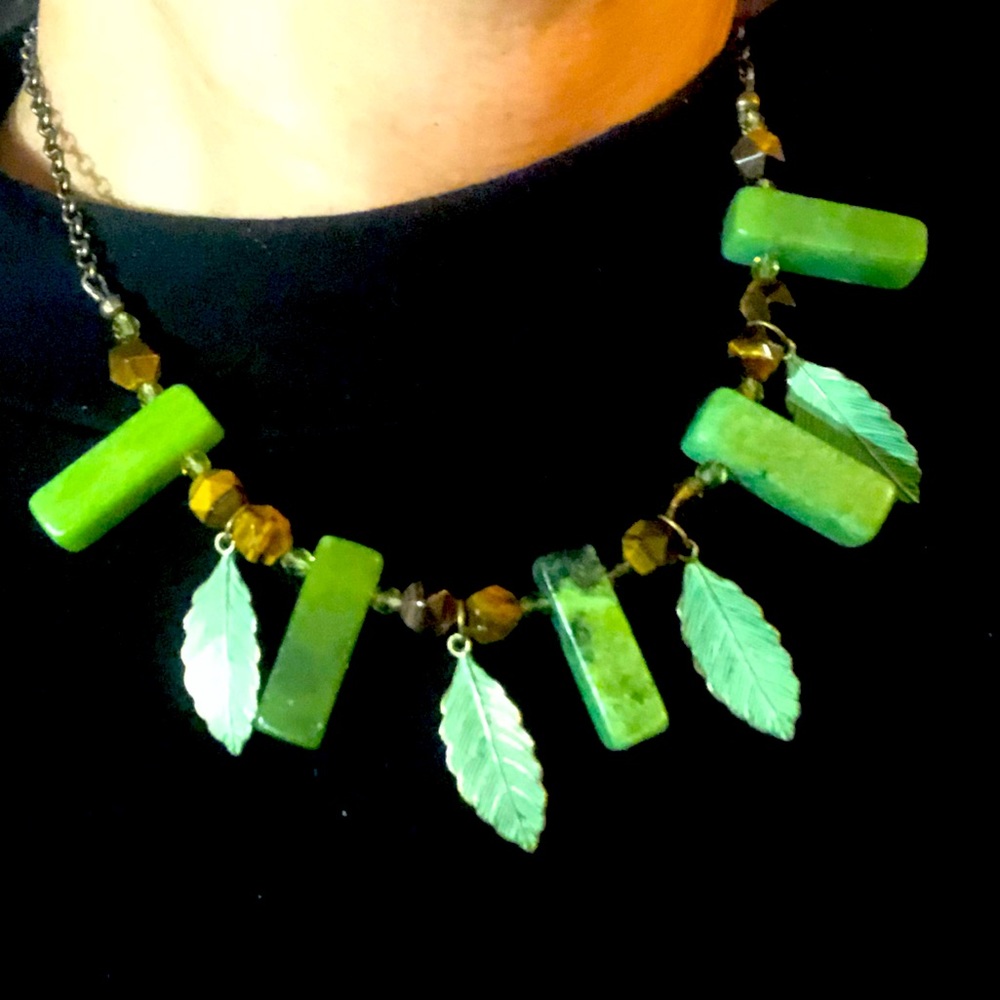 Green Leaves Nature Themed Necklace Tiger Eye Green Agate Bars,greenbrass leaves